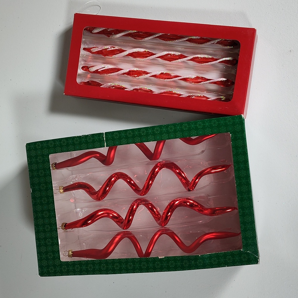 Two sets‎ of long red and glitter Christmas tree ornaments